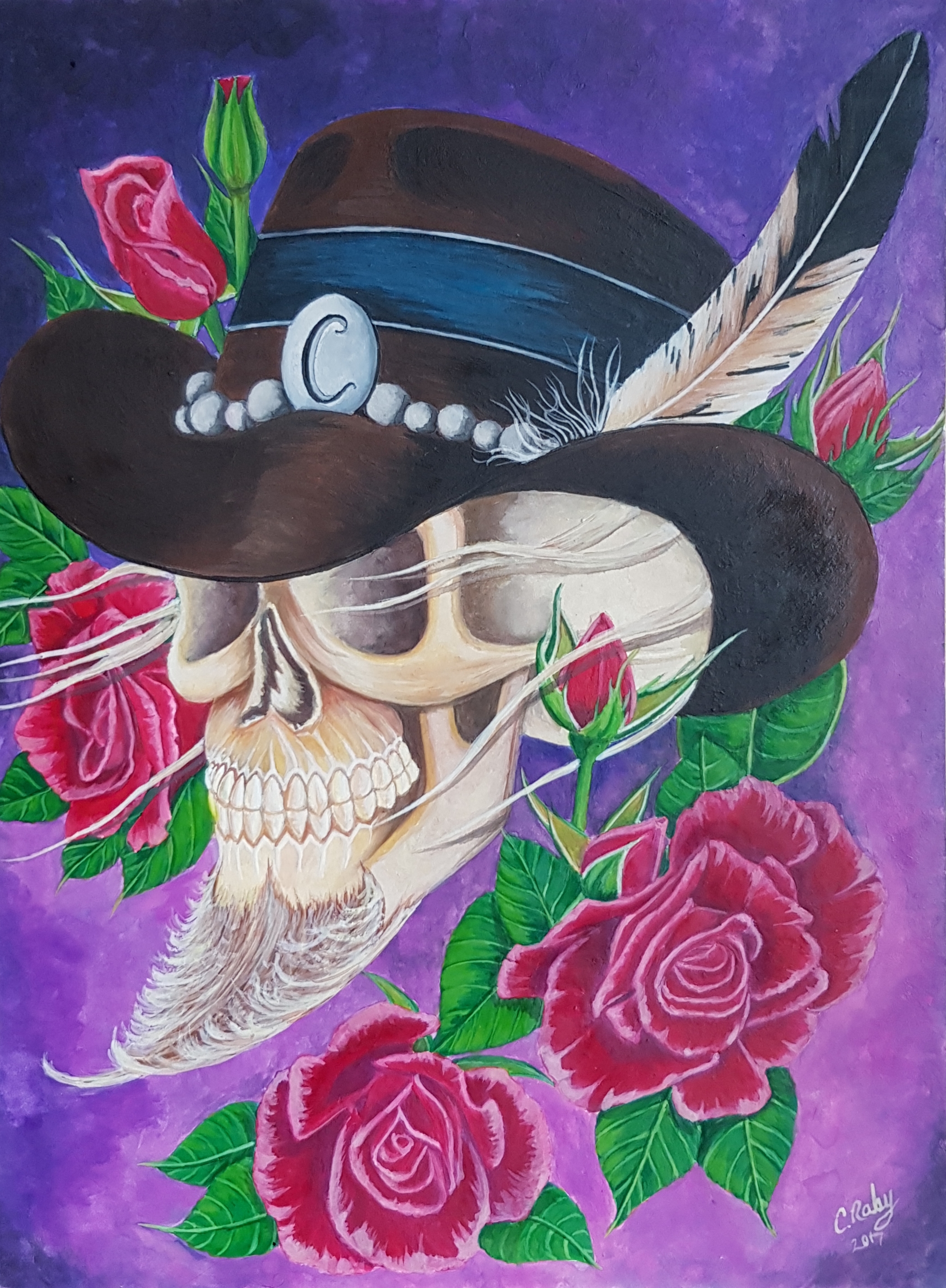 art-Charles-skull with C hat and roses